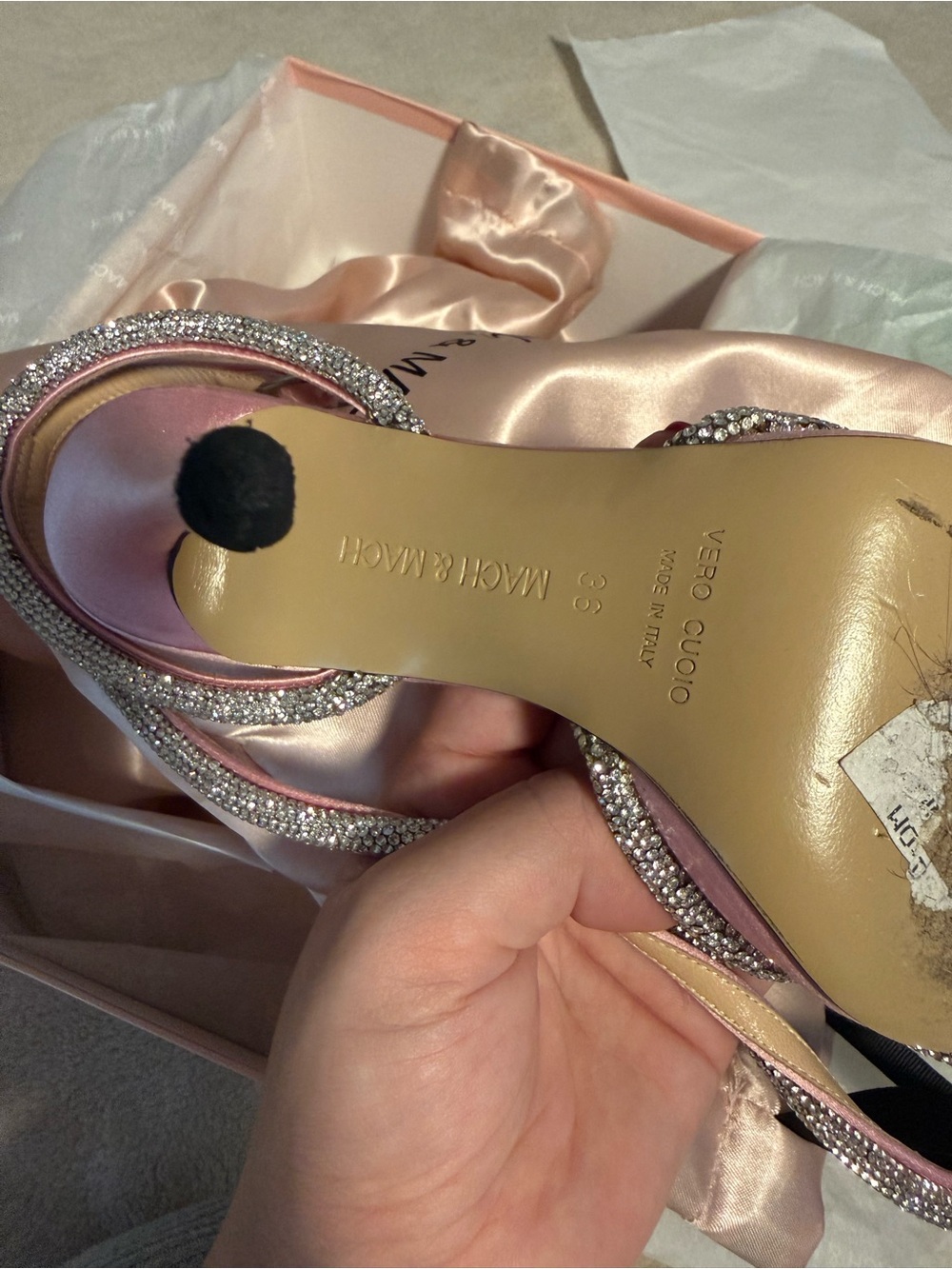 MACH & MACH Pink Satin Crystal-Trim Stiletto Heels